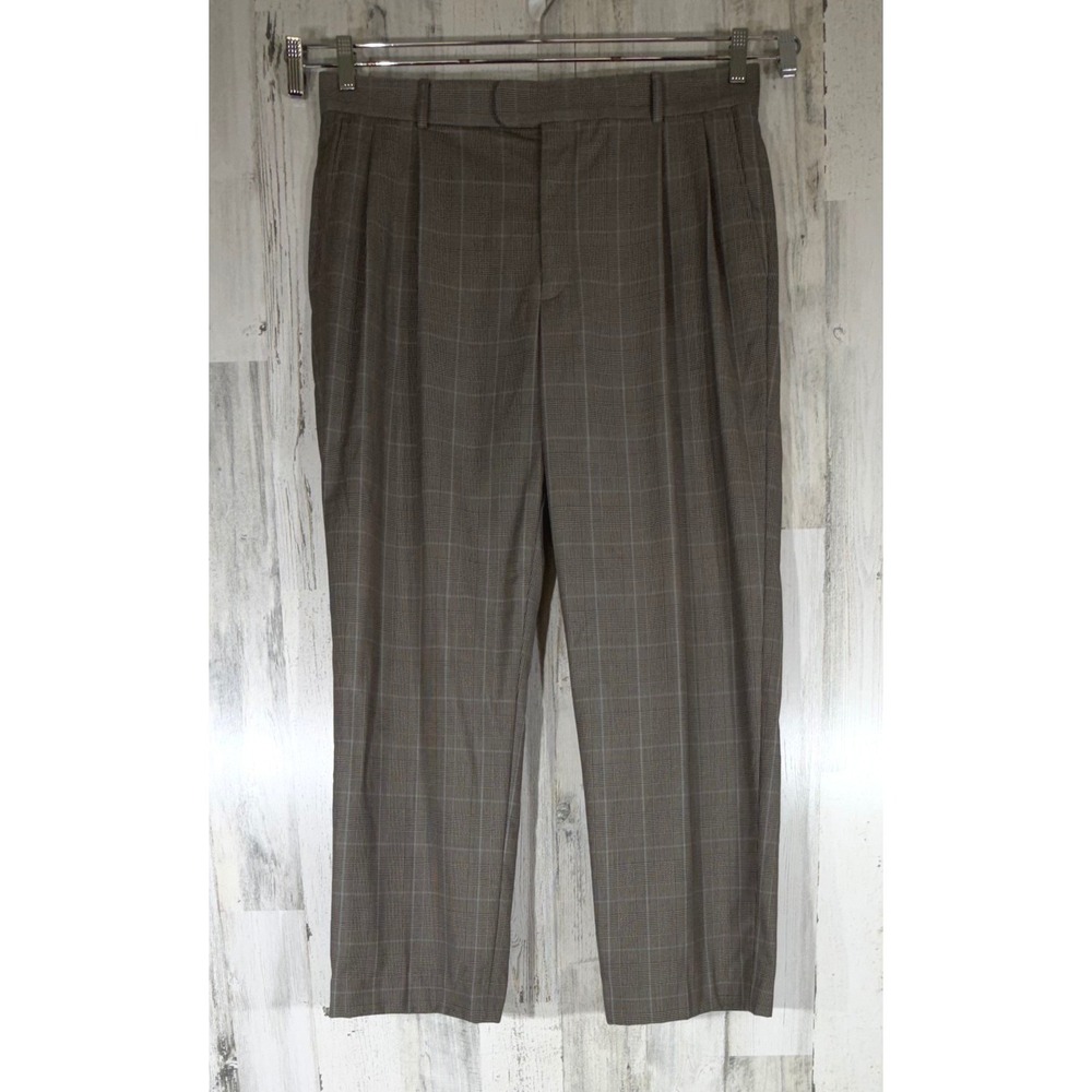 Lands End Dress Pants 36 Brown Glen Plaid Pleated Traditional Fit Wool Blend
